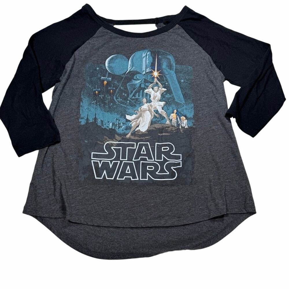 Star Wars Womens L Darth Vader Leia Raglan 3/4 Sleeve Open Back Graphic Tee